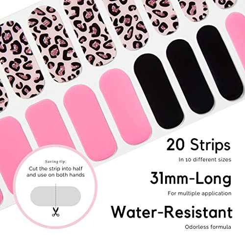 NAILOG Semi Cured Gel Nail Strips (20 Extra Long Polish Stickers/Wraps) ¦¢ Glossy & Long Lasting Soft Gel Finishing ¦¢Pink Leopard