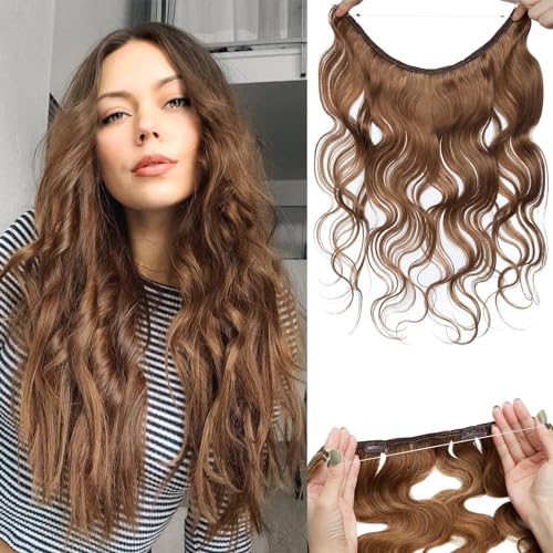 Benehair Halo Hair Extensions Real Human Hair, Brown Halo Hair Extension 100% Human Hair, Wavy Halo Extensions Human Hair, Curly Halo Extensions, Wire Hair Extension, Light Brown 65g/18inch