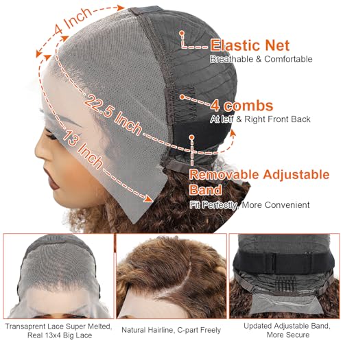 13x4 Honey Blonde Wig Human Hair #4/27 Highlight Ombre Lace Front Wig Human Hair 12 Inch Kinky Curly Bob Colored Wigs for Black Women 180% Density