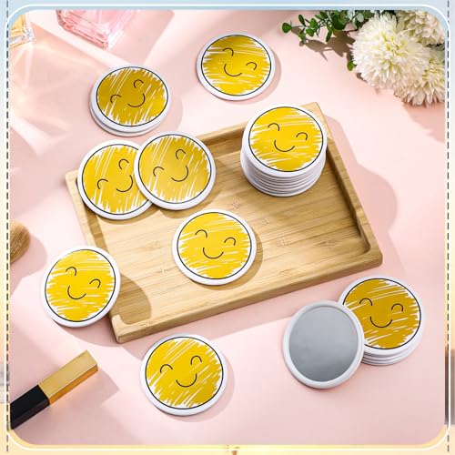 Geetery 30 Pcs Inspirational Smile Face Compact Mirrors Bulk Mini Pocket Mirrors Emoticon Gifts for Students Party Favors Yellow Portable Birthday Wedding Shower Party Supplies