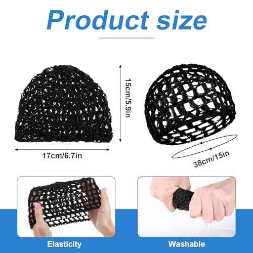 2 PCS Shower Caps Hair Nets for Sleeping,Crochet Mesh Wrap Caps for Silk Press, Curly Hair & Wig Protection,Soft Reusable Bonnets for Women, Lift Strap Weaving Sew For Women Ballet,Black