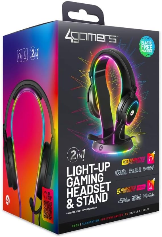 4Gamers Light Up Headset & Stand Bundle - Compatible with Gaming Consoles, PC, Mobile and Tablet