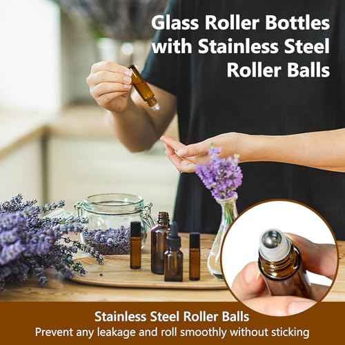 KEYWING 54 Pack Empty Essential Oil Roller Bottles ? 10ml Amber Glass Roll-On Bottles with Stainless Steel Roller Balls & Caps, Refillable Perfume Containers for DIY & Travel