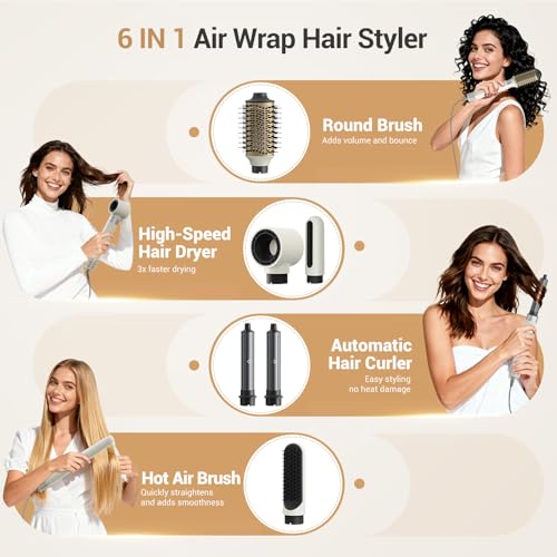 6 in 1 Air Wrap Hair Styler, 110,000 RPM Hair Dryer Brush with Auto-Wrap Curlers, Oval Brush & Volumizer, Hot Air Styler for Fast Drying,Curling, Smoothing & Volume, Air Styler with Travel Case
