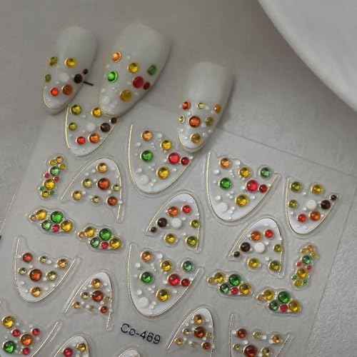 5D Embossed Colorful Rhinestone Nail Stickers for Nail Art Gold Line Nail Art Stickers 3D Self-Adhesive Christmas Nail Decals Winter Xmas Nail Supplies for Women Girls Manicure DIY