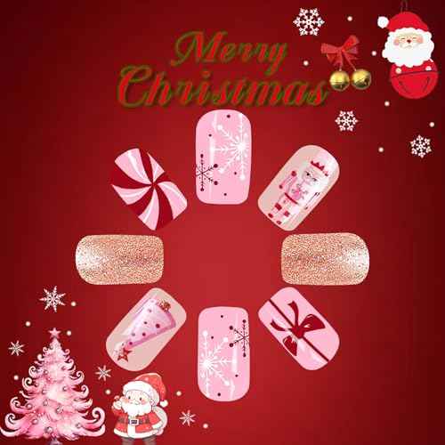 24 Pcs Pink Christmas Press on Nails Short Square Fake Nails Christmas False Nails with Candy Cartton Designs Glitter Xmas Nails Press ons Square Nail Artificial Acrylic Stick on Nail for Women