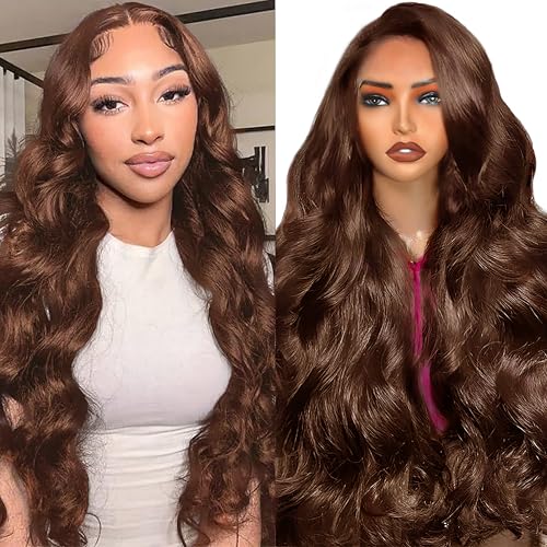 250% Density Body Wave Wigs Human Hair Pre Plucked 22 Inch Chocolate Brown Lace Front Wig Human Hair Brown Wig Pre Plucked Colored Frontal Wigs Human Hair