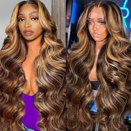 SFD Ombre Lace Front Wig Human Hair 220% Density Blond Highlighted Wig Human Hair 13x6 Brown Highlighted Body Wave 4/27 Highlight Lace Front Wigs Pre Plucked 30inch