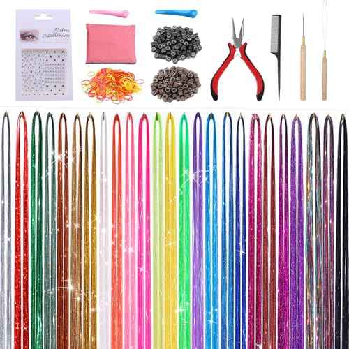 25 Colors Tinsel Hair Extension Heat Resistant With Tool,48 Inches 6000 Strands Fairy Hair extension kit for Halloween Cosplay Christmas New Year Birthday Theme Party,Highlights Sparkling Glitter Hair
