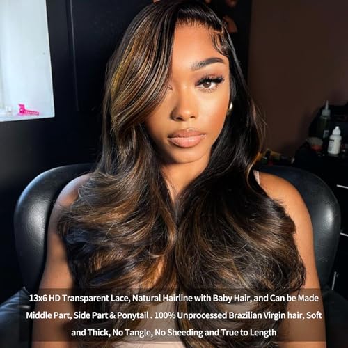 13x6 Body Wave Highlight Lace Front Wig Human Hair FB/30 Ombre Lace Front Wig Human Hair Pre Plucked HD Lace Frontal Wigs Human Hair 200% Density Colored Ombre Wig For Women 26 Inch