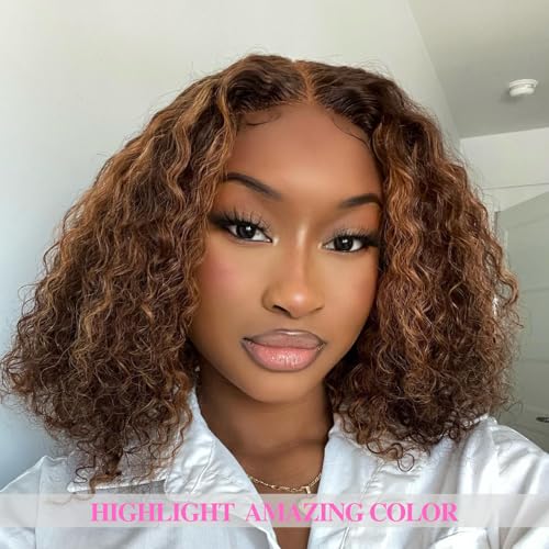 ALHER Water Wave Ombre Human Hair 4x4 Closure, 12A Honey Brown Highlight P4/27 Piano Color Wet and Wavy 100% Virgin Remy Human Hair Pre Plucked with Baby Hair Free Part Melt 4x4 Lace Closure 10 Inch