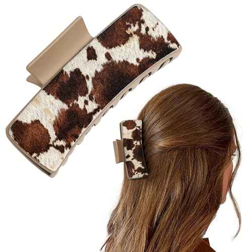 DEEKA Real Leather Large Western Hair Clips Cow Printed Cowhide Tooled 4" Hair Claw Clips Gifts for Thick Hair Country Girls Cowgirl Stuff Western Hair Accessories Gift for Women and Girls -Brown