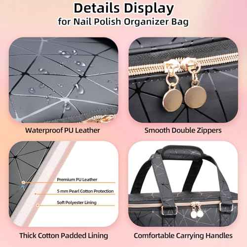 Nail Polish Organizer Hold 90 Bottles (15ml/0.5fl.Oz)& Nail Lamp, Three Layer Nail Supplies Organizer Case with Holder& Shoulder Strap, PU Leather Nail Kit Organizers and Storage Bag (Black)