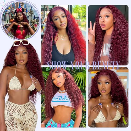 Estilar 99j 13x6 HD Lace Front Wigs Human Hair Burgundy Curly Human Hair Wig with Baby Hair 200 Density Red Deep Wave Lace Front Wigs for Women 22 Inch