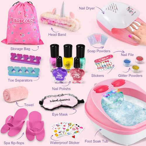 Kids Foot Spa & Nail Kit Set, Kids Spa Day Kit for Girls, Massage Foot Soak Tub and Nail Dryer, Manicure Pedicure Art Salon Girl Gift for 5-12, Christmas Birthday Gifts