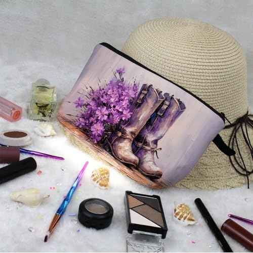 Purple Western Boots Print Makeup Bag Floral Western Cowboy Boots Small Organizer Bag Zipper Pouch Cowboy Style Oil Painting Cosmetic Bag Present for Women Friends