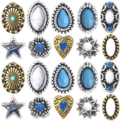 20Pcs Western Nail Charm, 10 Styles 3D Vintage Turquoise Daisy Nail Art Rhinestones Blue Marble Gems Jewel Accessories for Acrylic Nails Women Valentines Wedding Prom Decorations