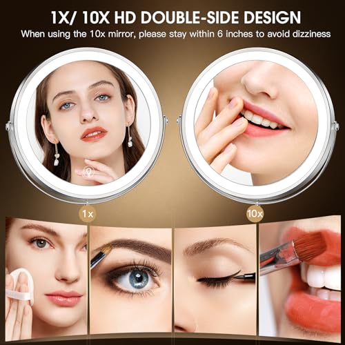 Wall Mounted Lighted Makeup Mirror, 8" Rechargeable Double-Sided Light up Magnifying Mirror 1x/10x, 3 Color Led Vanity Mirror with Lights, Touch Dimmable 360¡Æ Rotation Foldable-Nickel