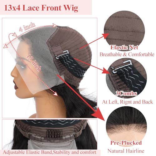 13x4 Lace Front Wig Human Hair Body Wave Natural Black 180% Densit HD Transparent Lace Pre Plucked Glueless Wigs Brazilian Virgin Human Hair for Women 18inch
