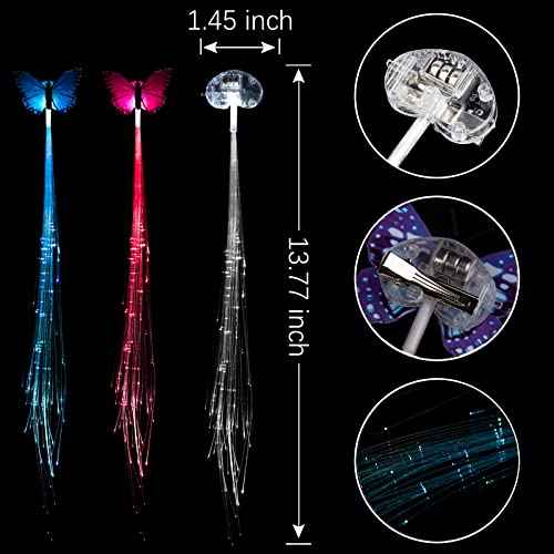 12 Pack Led Light Up Fairy Hair Accessories Braid Extension Butterfly Clips for Women Girls, Glow in the Dark Party Favors Supplies Neon Rave Accessories Wig for Festival Halloween Christmas Birthday