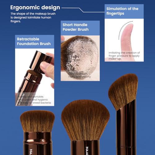 MAANGE 20 PCS Makeup Brush Set with Bag, Double-ended Kabuki Brush Foundation Contour Brush for Liquid Powder Concealer Eye Shadows Cream Cosmetics Blending Blush Face Makeup Tools (Brown)