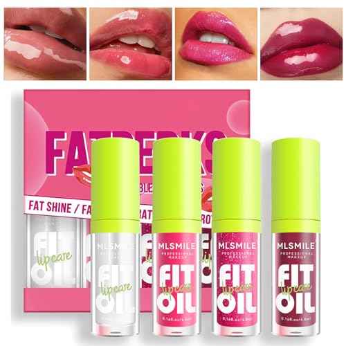 4 Colors Lip Oil Lip Glaze, Fat Lip Oil Hydrating Lip Glow Oil Big Brush Head Moisturizing Lip Gloss Long Lasting Nourishing Non-sticky Smooth Tinted Plumping Lip Oil (A#)