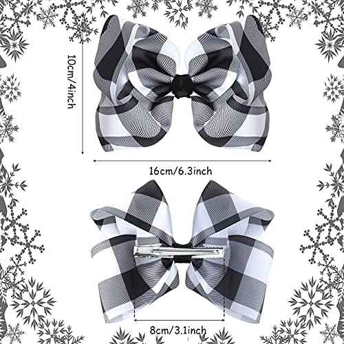 Syhood 2 Pieces Hair Bows 6.3 inch Large Buffalo Plaid Hair Alligator Clips Gingham Hairpin for Christmas Accessories(Black White Plaid)