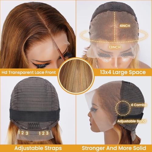 4/27 Highlight HD Lace Front Wigs Human Hair Pre Plucked 13x4 Body Wave Frontal Wig with Baby Hair 180% Density Ombre Brown and Honey Blonde Human Hair Wigs for Black Women 20 Inch