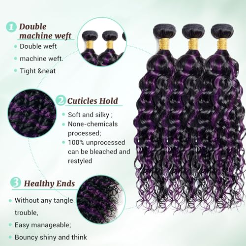 Black Mix Purple Water Wave Bundles Human Hair 12 14 16 Inch 12A Highlight Purple Ombre Wet and Wavy Human Hair Bundles 100% Unprocessed Brazilian Virgin 3 Bundles Human Hair Extensions for Women