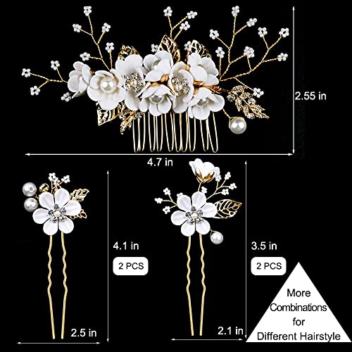 5 PCS Bridal Flower Wedding Hair Pins Crystal Pearl Hair Clips Headpiece Gold Wedding Hair Accessories Jewelry with Rhinestone for Brides Bridesmaids Women Girls Updo (Pure White Flower)