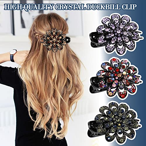 4Pcs Rhinestone Hair Claw Clips French Curved Duckbill Hair Clips Crystal Flower Barrettes for Women Girls Thick Long Hair
