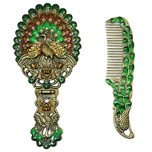 Rayberro Vintage Handheld Mirror with Comb Set, Metal Embossed Peacock Vintage Hand Mirror, Face Beauty Makeup Mirror, Foldable Personal Cosmetic Mirror, Portable Compact Travel Mirror (Green)