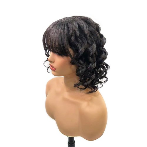 BLISSHAIR Natural Wavy Human Hair Wigs with Bangs Black Loose Wave Wigs for Women None Lace Front Wigs Loose Body Bob Wig Brazilian Virgin Human Hair Glueless Loose Curly Wig for Daily (14 Inch)
