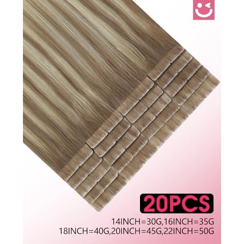 Youngsmile Invisible Tape in Hair Extensions Human Hair #8T60 Ash Brown to Platinum Blonde Balayage Injection Tape in Hair Extensions 20pcs 35g 16 Inch (#8T60,16'')