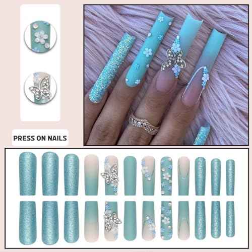 Gradient Press on Nails Matte Fake Acrylic Long Blue Nails Square French Full Cover Butterfly Fake Nails for Women and Girls 24PCS