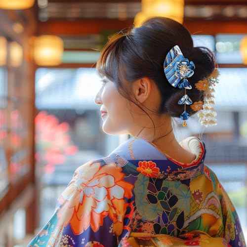 1 Pair Japanese Style Hair Clips Sector Tassel Hair Accessories Flower Kimono Traditional Hairpins Barrette Cherry Blossom Hair Clamp Bride Hanfu Accessory for Womens (Dark Blue)