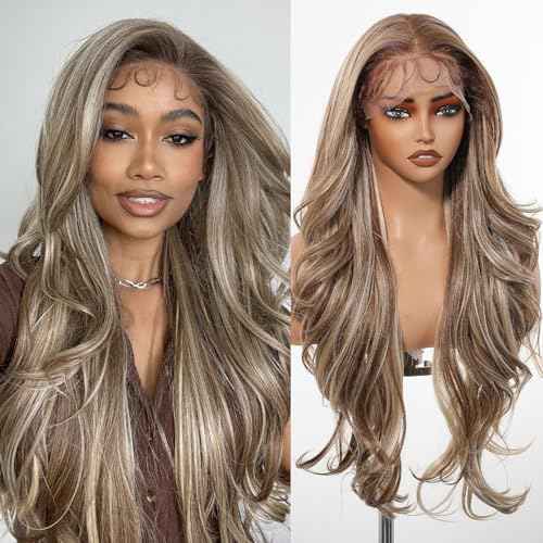 Allbell 13x6 HD Lace Wigs Honey Blonde Synthetic Lace Front Wig Preplucked Hairline with Baby Hair 28inch Long Body Wave Lace Wigs for Women(Brown with Blonde Highlights)