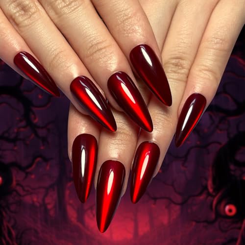 30Pcs Red Press on Nails Halloween Cute Glitter Fake Nails Medium Almond Nails Press on Solid Color False Nails Glossy Acrylic Stick on Nails Reusable Glue on Nails for Women Girls