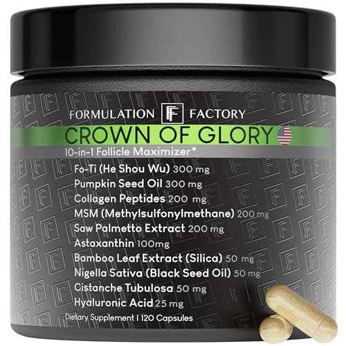 Formulation Factory Crown of Glory 10-in-1 Hair Growth Maximizer, DHT Blocker with Saw Palmetto, Fo-Ti, Collagen, Supports Thicker Hair & Scalp Health (2 Month Supply, 120 Capsules)