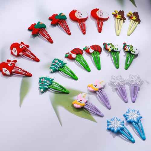 30PCS Christmas Hair Clips for Girls Women, Santa Claus Christmas Tree Bells Reindeer Snowman Snowflakes Stockings No Slip Snap Hair Pins Hair Accessories