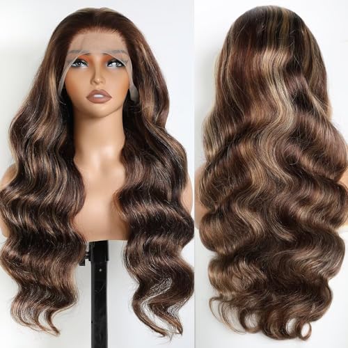 Lemoda Outlet Deal 24Inch Highlight Body Wave Human Hair Lace Front Wigs 13x4 Ombre 4/27 Lace Frontal Wig 12A 180 Density Virgin Human Hair Wigs Natural Hairline