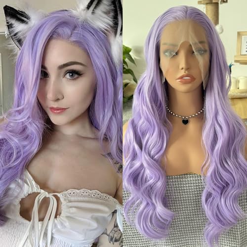 RONGDUOYI Lavender Body Wave Lace Front Wig Synthetic Hair For Women Ready To Wear Glueless Light Purple Wig Heat Resistnt Natural Hairline Long Hair Cosplay 24Inches