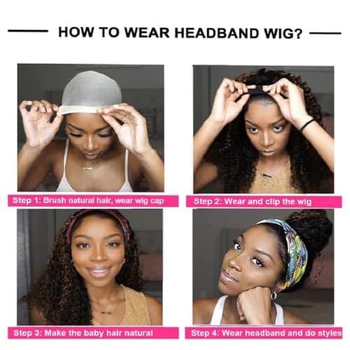 Ombre Deep Wave Headband Wig Human Hair #4/27 Curly Headband Wigs for Black Women Human Hair Glueless None Lace Front Wigs Brazilian Virgin Hair Wig Machine Made 150% Density 20 Inch
