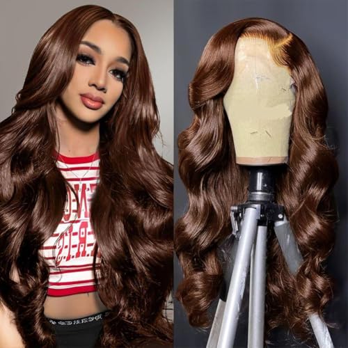 Chocolate Brown Lace Front Wig Human Hair 13x6 Hd Transparent Body Wave Lace Front Wigs 200% Density Brown Wig Human Hair 4# Colored Glueless Wigs for Women 22 Inch