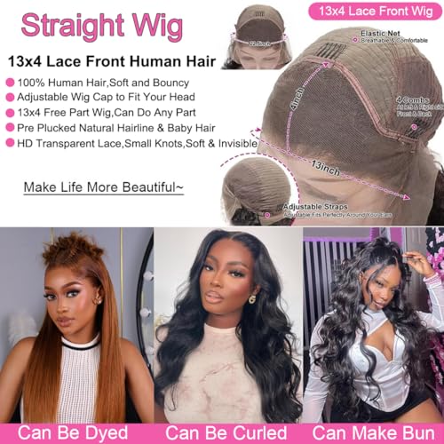 BELE 13x4 Lace Front Wigs Human Hair 26 Inch 200% Density Pre Plucked Brazilian Virgin Straight Skinlike Real Hd Lace Frontal Wigs Human Hair Glueless Straight Lace Front Wigs for Women Natural Color