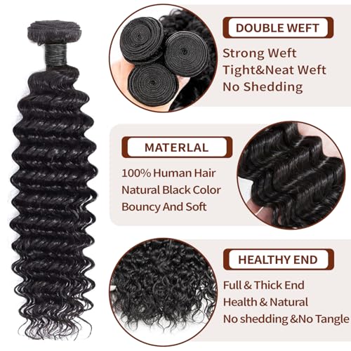 Deep Wave Bundles Human Hair Brazilian Virgin Hair Weave 3 Bundles Deep Curly 12A Grade Unprocessed Human Hair Extensions Natural Black 100g/pc 16 18 20 Inch