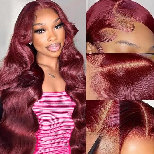99j Burgundy Lace Front Wigs Human Hair 26 Inch 13x4 Body Wave Lace Front Burgundy Wigs Human Hair Pre Plucked With Baby Hair Glueless Wine Red Body Wave Wig HD Transparent Frontal Wig for Women