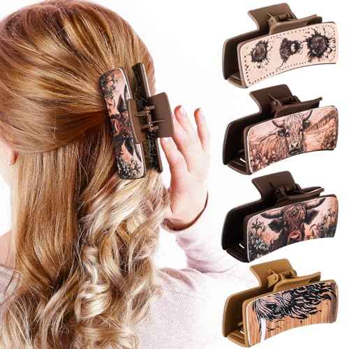 4 Pcs Christmas Western Leather Hair Claw Clips Bulk Cow Print Highland Cattle Hair Claw Clips Western Accessories Gifts for Women Country Cowgirl Stuff Xmas Accessories (Cow)
