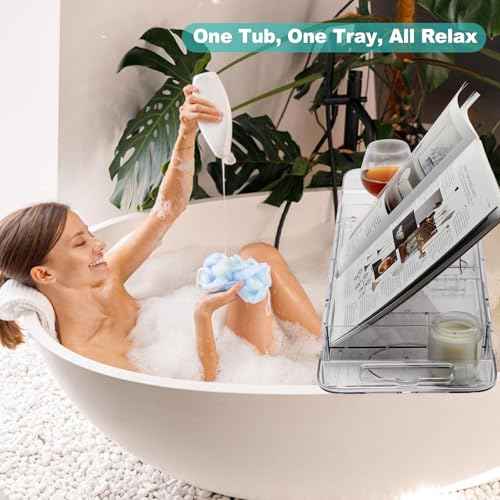 Expandable Bathtub Tray Caddy, Clear Bath Tray for Tub for Bath Relaxing, Foldable Bath Table Trays, Bathtub & Bathroom Accessories for Women Gift, Anniversary or Wedding Gifts, New Home