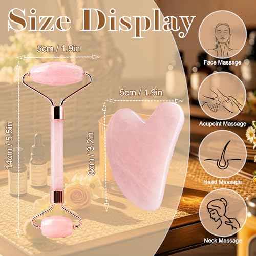 Gua Sha Facial Massage Tool and Roller Set, Facial Massager for Face, Neck, Arms, Eyes, Reduce Puffiness, Improve Wrinkles, Daily Self-Care Gift for Men and Women Emerald Green Pink White